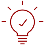 Pictogram of a light bulb with a check mark inside, symbolizing a confirmed idea or solution.