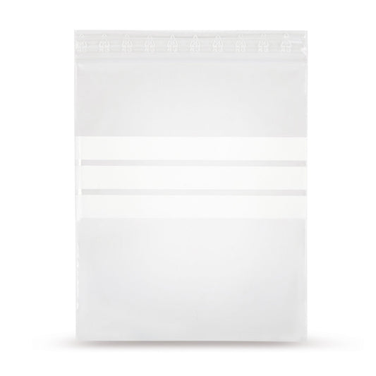 LDPE ziplock bags with three white labeling strips 50 microns — Main view of the bag with labeling strips from Elke Plastic