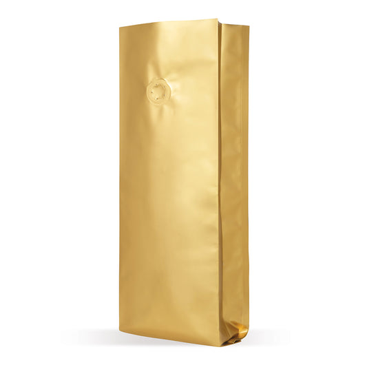 Side gusset bags gold with aroma protection valve — Close-up of the material and aroma valve, aroma protection in profile section