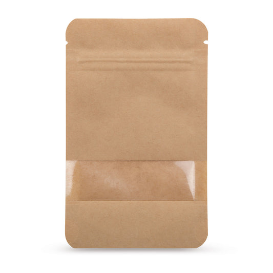 Stand-up pouch kraft paper with window — Main view of the bag with window, kraft paper look from Elke Plastic