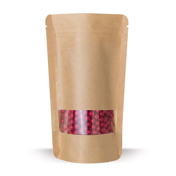 Stand-up pouch kraft paper with window — Material close-up focusing on film thickness and finishing quality