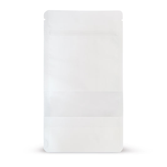 Stand-up pouch kraft paper with window white — Main view of the bag with window, kraft paper look from Elke Plastic
