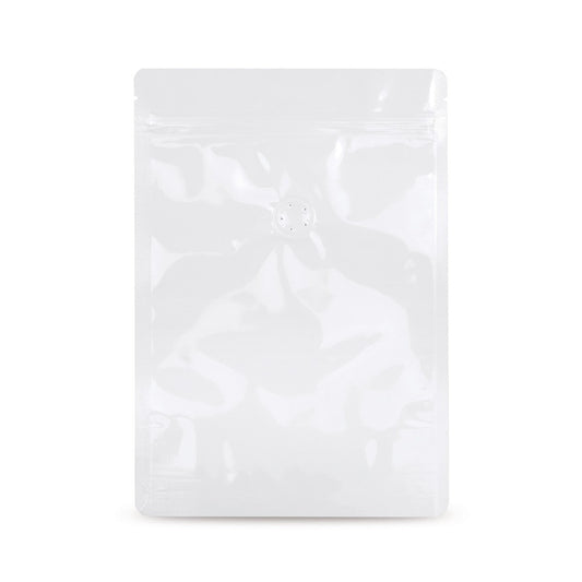 Sachet debout blanc avec valve de protection des arômes