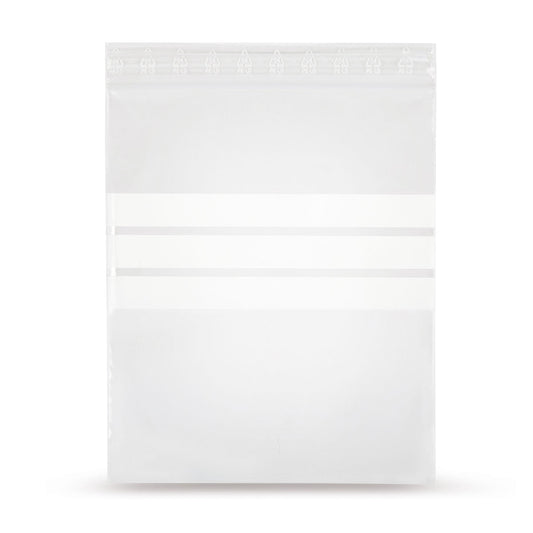 Saco ziplock LDPE com três faixas brancas para etiquetagem 90 mµ