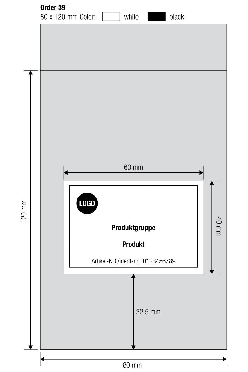 Example sketch of a custom-made product with dimensions of the bag (80×120 mm) and print area (60×40 mm)