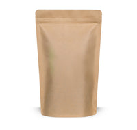 Kraft paper stand-up pouch aluminium-free — Detail view of material and aluminium-free barrier laminate, kraft paper look in profile section