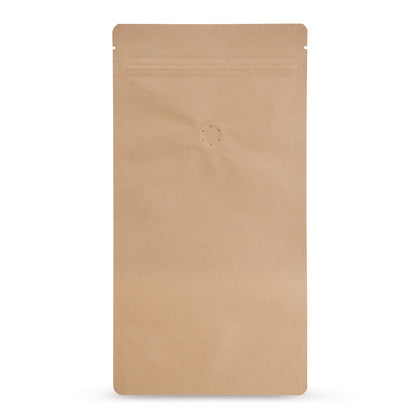 Stand-up pouch kraft paper with aroma protection valve — Main view of the bag with aroma valve, kraft paper look from Elke Plastic