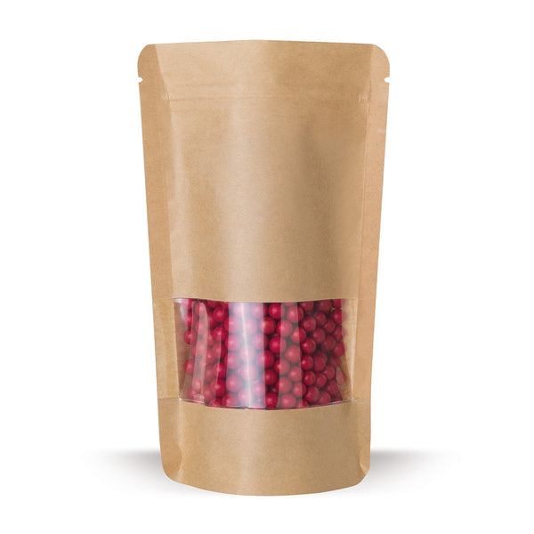 Stand-up pouch kraft paper with window — Material close-up focusing on film thickness and finishing quality