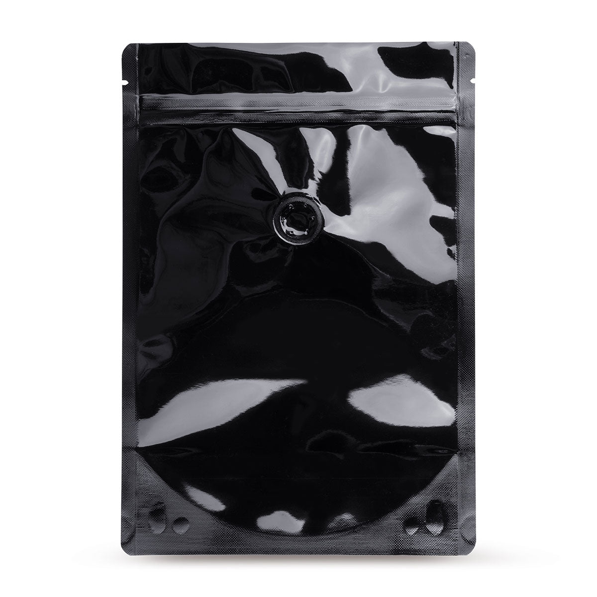 Stand-up pouch black with aroma protection valve — Main view of the bag with aroma valve, aroma protection from Elke Plastic