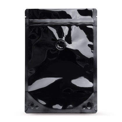 Stand-up pouch black with aroma protection valve — Main view of the bag with aroma valve, aroma protection from Elke Plastic