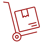 Piktograma, vaizduojanti rankinį vežimėlį, vežantį kartoninę dėžę, simbolizuojanti pristatymą arba transportavimą.